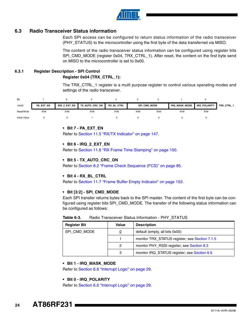 3 radio transceiver status information, 1 register description - spi control, R to | Section 6.3 “radio transceiver status informa | Rainbow Electronics AT86RF231 User Manual | Page 24 / 180