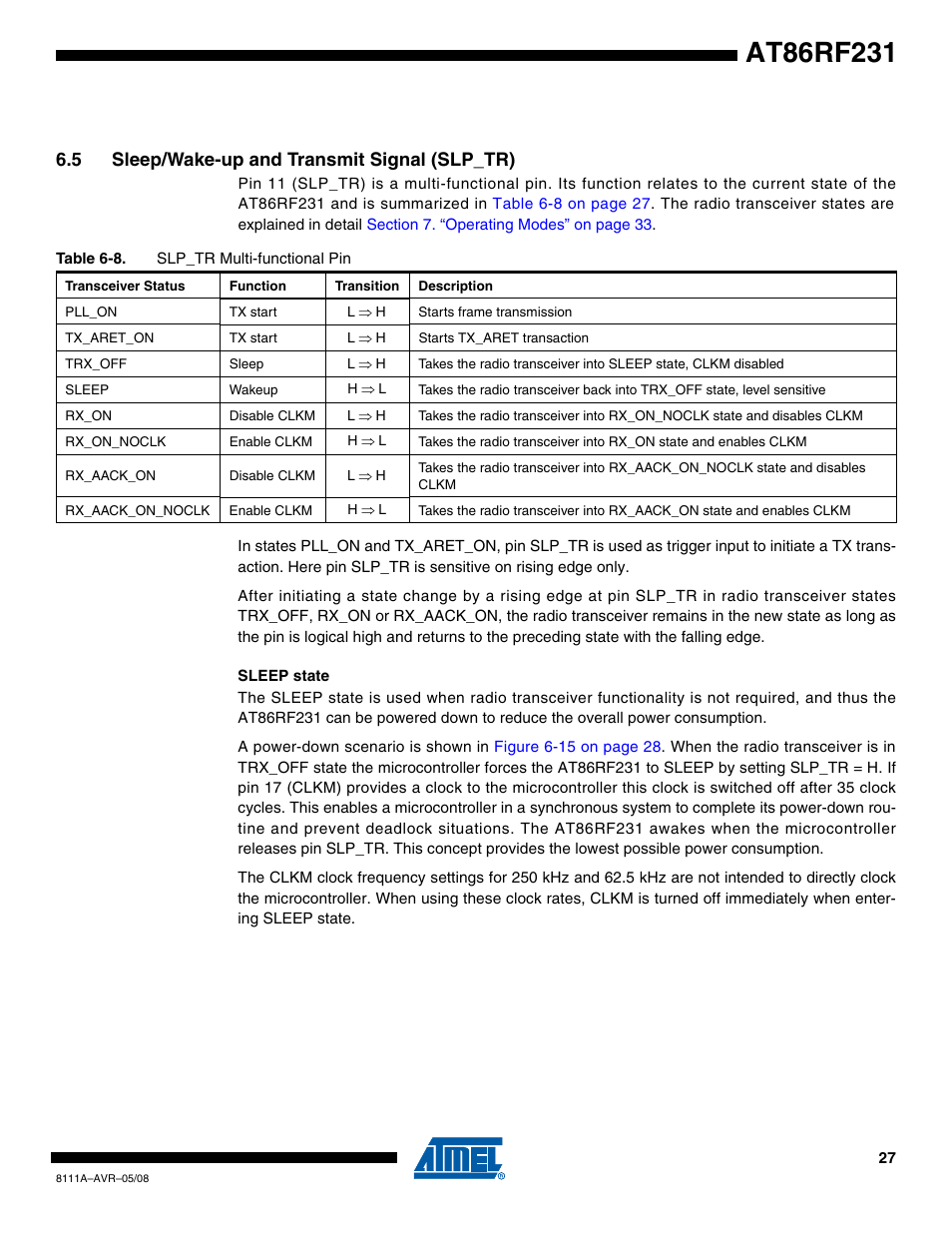 5 sleep/wake-up and transmit signal (slp_tr), Gh, see, Section 6.5 | Rainbow Electronics AT86RF231 User Manual | Page 27 / 180