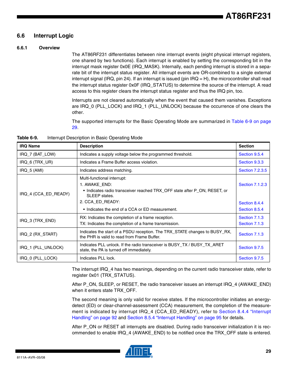 6 interrupt logic, 1 overview, Section 6.6 | Rainbow Electronics AT86RF231 User Manual | Page 29 / 180