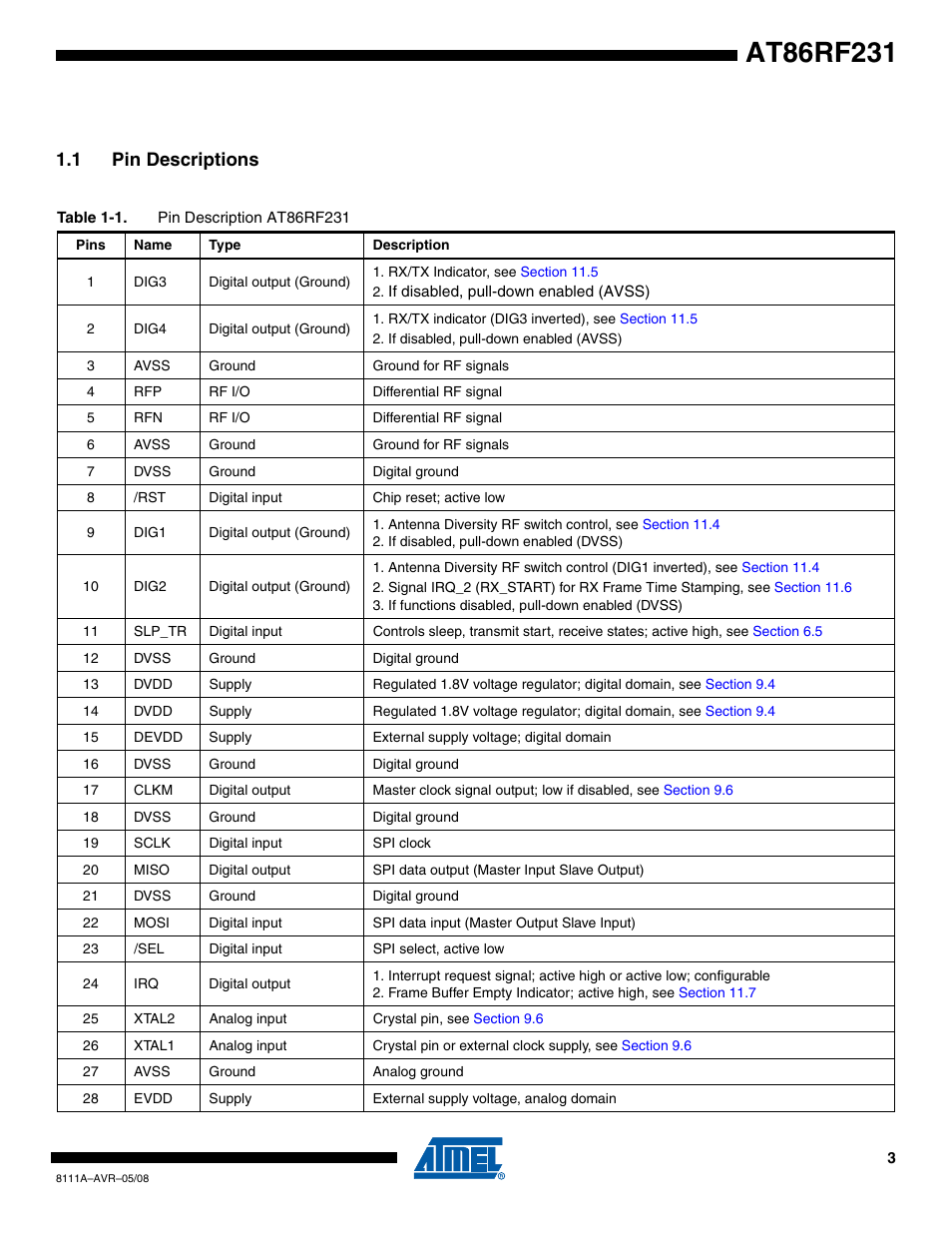 1 pin descriptions | Rainbow Electronics AT86RF231 User Manual | Page 3 / 180
