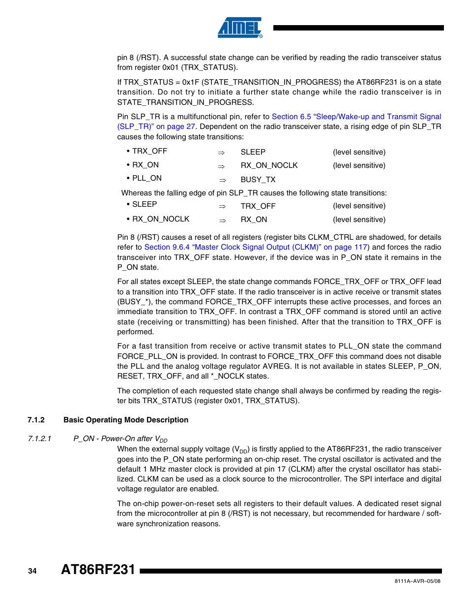 2 basic operating mode description, 1 p_on - power-on after vdd | Rainbow Electronics AT86RF231 User Manual | Page 34 / 180