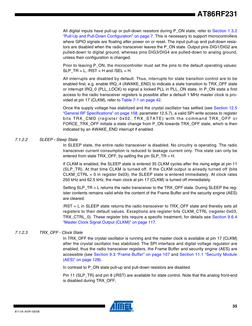 2 sleep - sleep state, 3 trx_off - clock state, Section 7.1.2.3 “trx_off | Section 7.1.2.3 | Rainbow Electronics AT86RF231 User Manual | Page 35 / 180