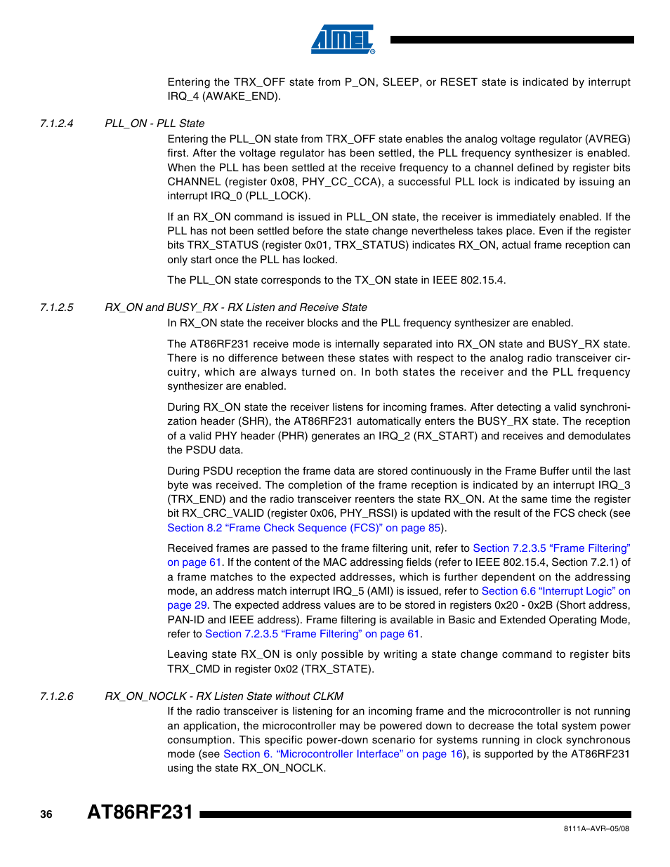 4 pll_on - pll state, 5 rx_on and busy_rx - rx listen and receive state, 6 rx_on_noclk - rx listen state without clkm | Rainbow Electronics AT86RF231 User Manual | Page 36 / 180