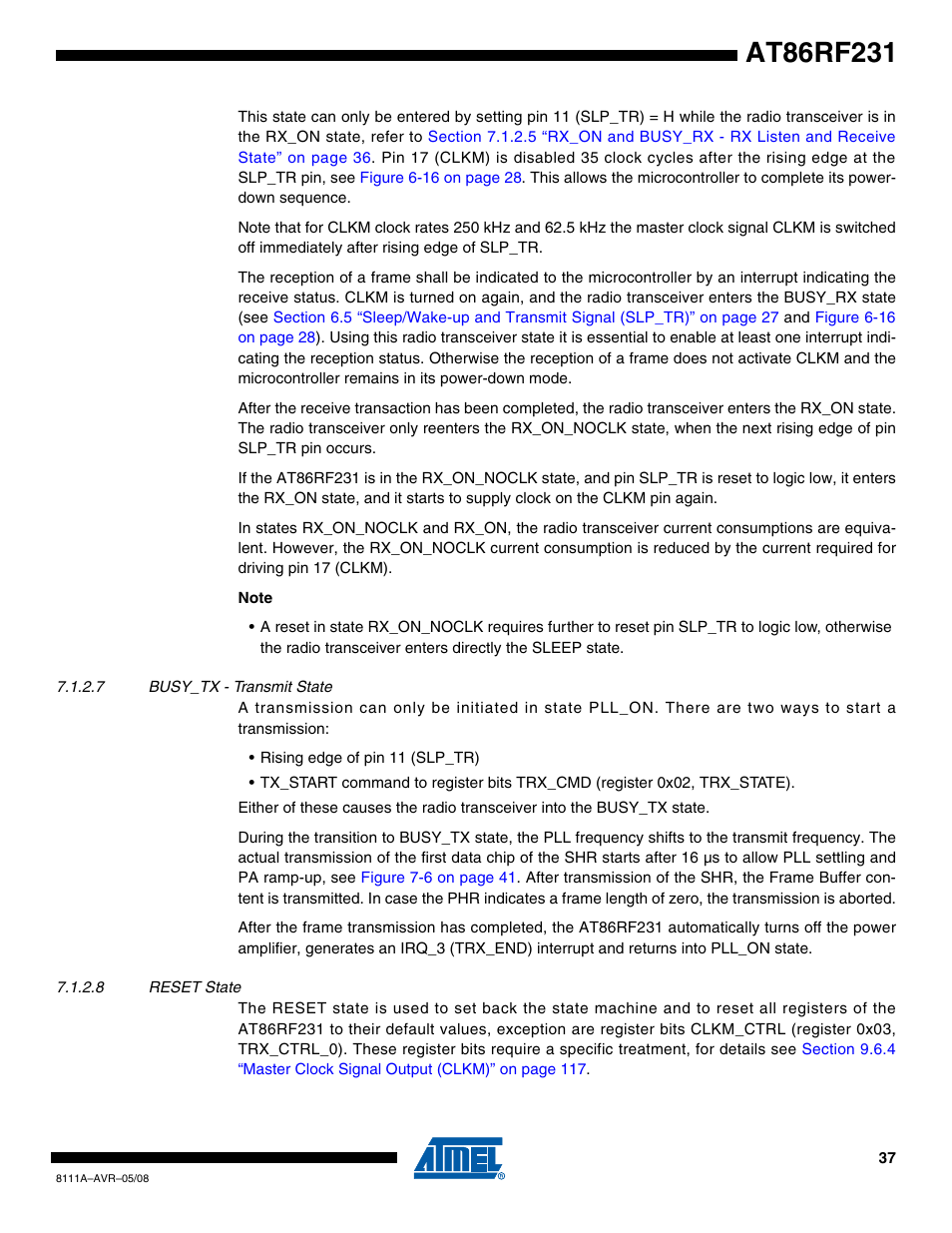 7 busy_tx - transmit state, 8 reset state | Rainbow Electronics AT86RF231 User Manual | Page 37 / 180