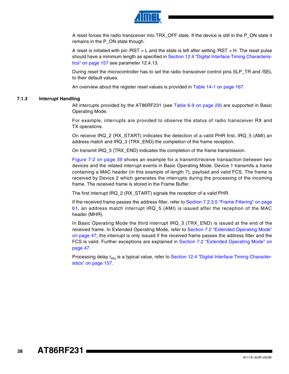 3 interrupt handling, Section 7.1.3 | Rainbow Electronics AT86RF231 User Manual | Page 38 / 180