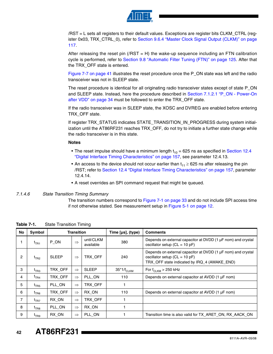 6 state transition timing summary, Rs to | Rainbow Electronics AT86RF231 User Manual | Page 42 / 180
