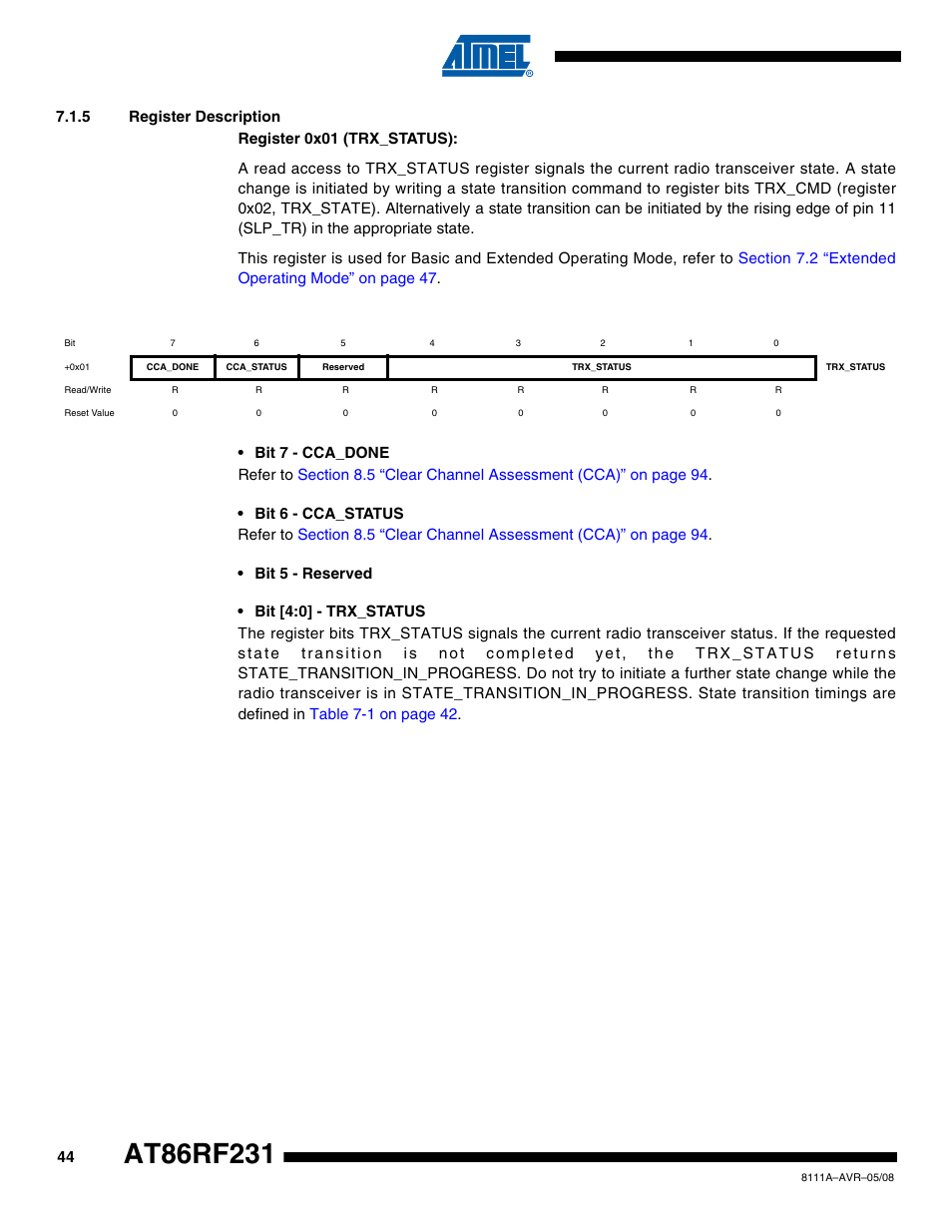 5 register description, Section 7.1.5 | Rainbow Electronics AT86RF231 User Manual | Page 44 / 180