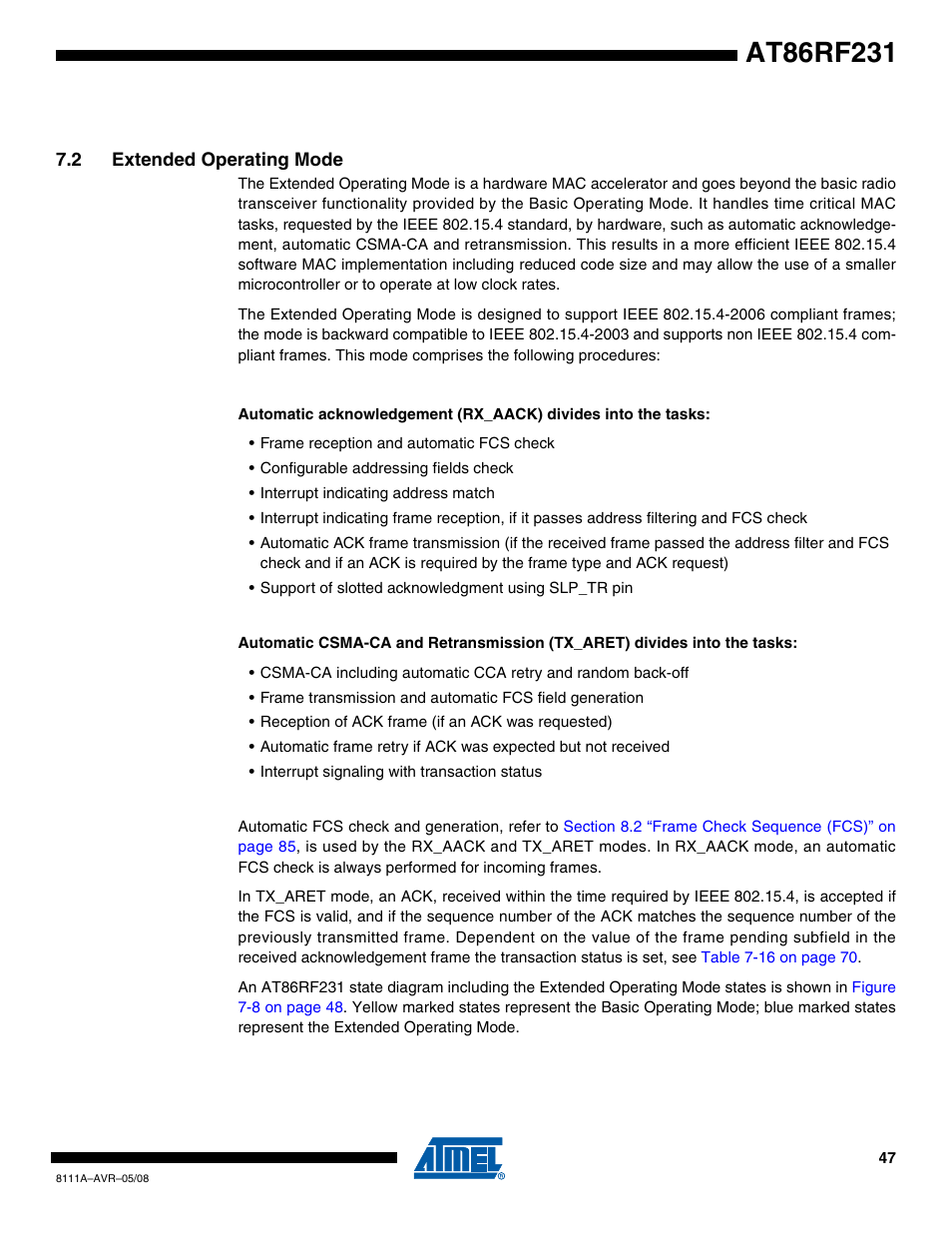 2 extended operating mode, Section 7.2 “extended operating mode, Ed in | Section 7.2 “extended operating mode” on, Section 7.2 “extended | Rainbow Electronics AT86RF231 User Manual | Page 47 / 180