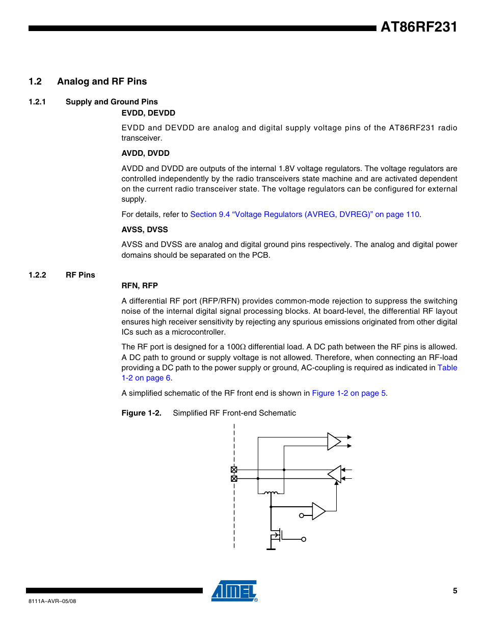 2 analog and rf pins, 1 supply and ground pins, 2 rf pins | Rainbow Electronics AT86RF231 User Manual | Page 5 / 180