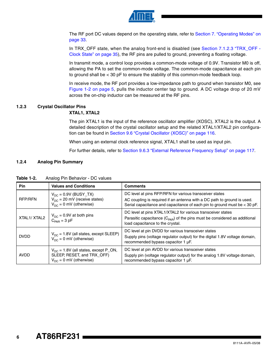 3 crystal oscillator pins, 4 analog pin summary, Table | Rainbow Electronics AT86RF231 User Manual | Page 6 / 180