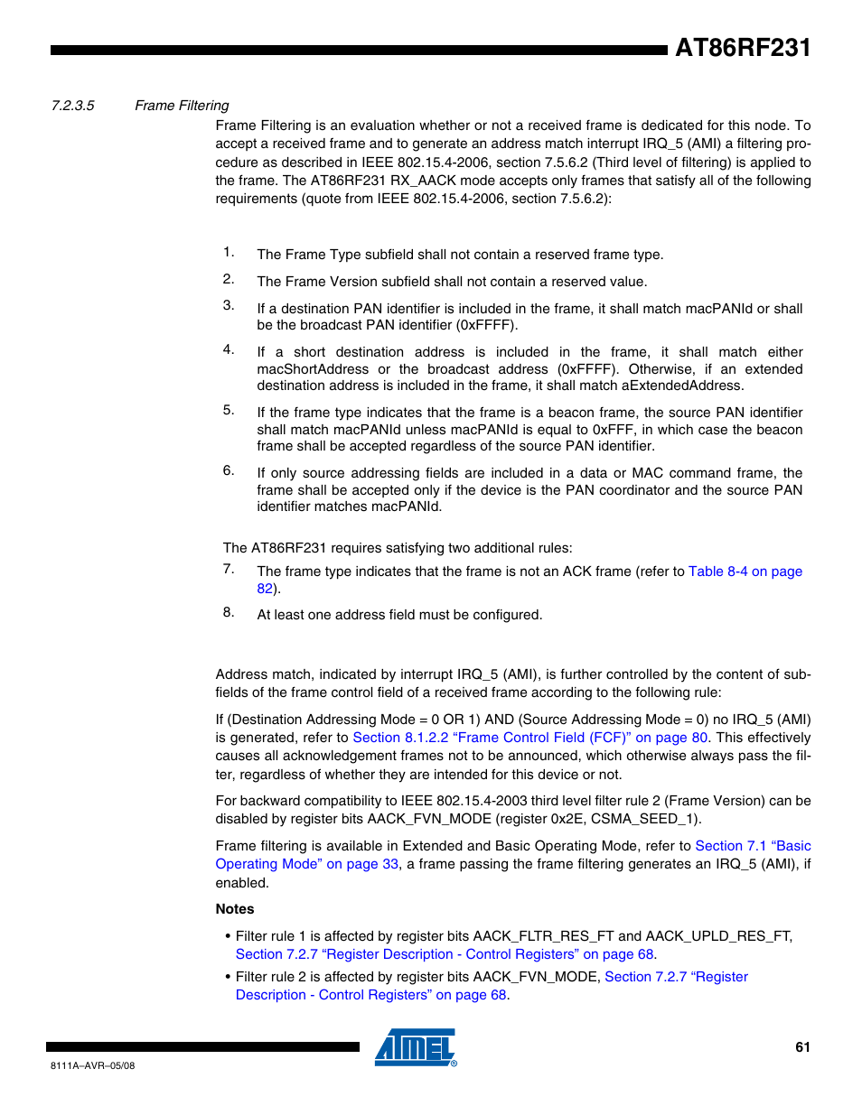5 frame filtering, Section 7.2.3.5, Section 7.2.3.5 “frame filtering | Section 7.2.3.5 “frame filtering” on, Is also | Rainbow Electronics AT86RF231 User Manual | Page 61 / 180
