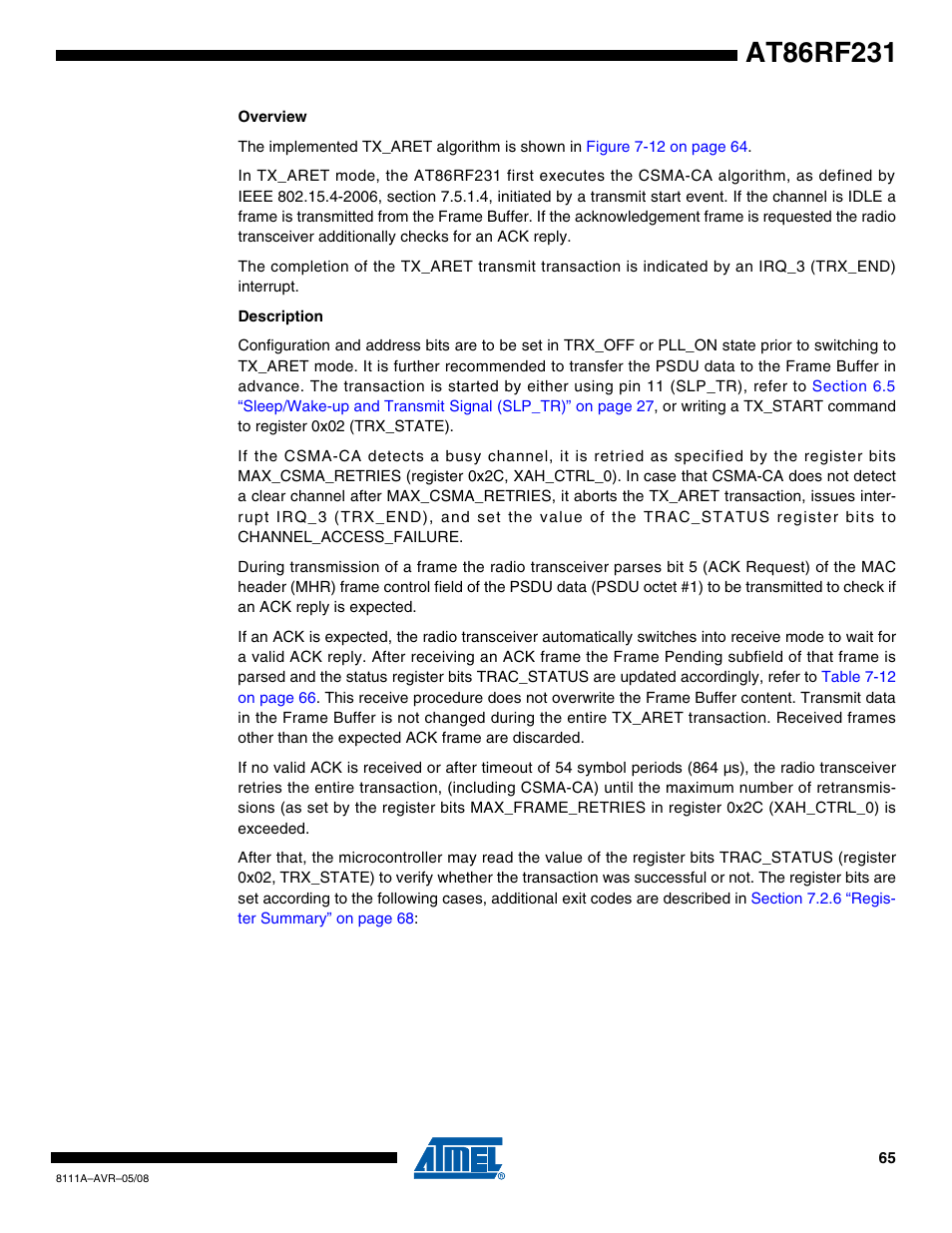 Rainbow Electronics AT86RF231 User Manual | Page 65 / 180