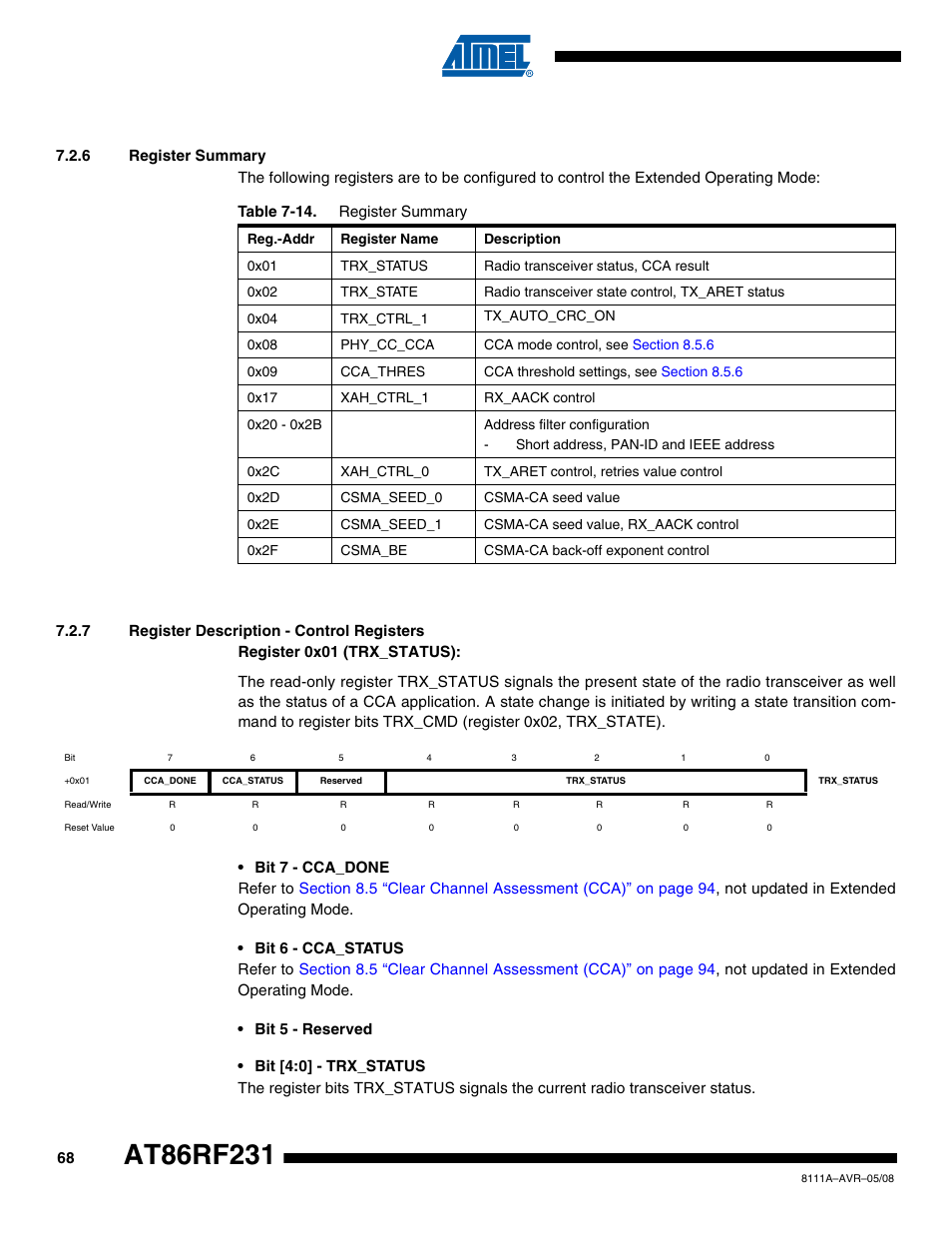 6 register summary, 7 register description - control registers, Section 7.2.6 “register sum | Section 7.2.7 “register, Section 7.2.6 “regis | Rainbow Electronics AT86RF231 User Manual | Page 68 / 180