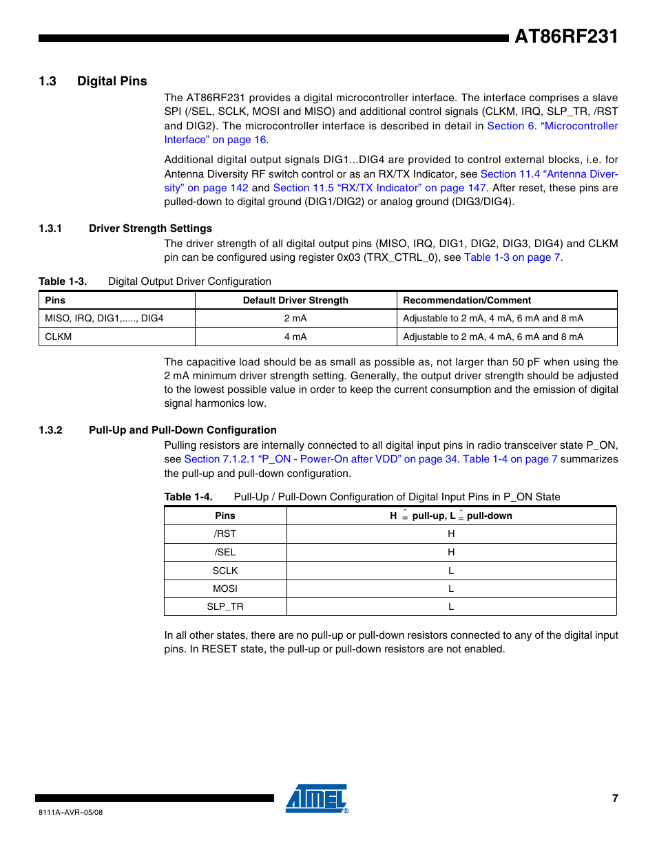 3 digital pins, 1 driver strength settings, 2 pull-up and pull-down configuration | Rainbow Electronics AT86RF231 User Manual | Page 7 / 180