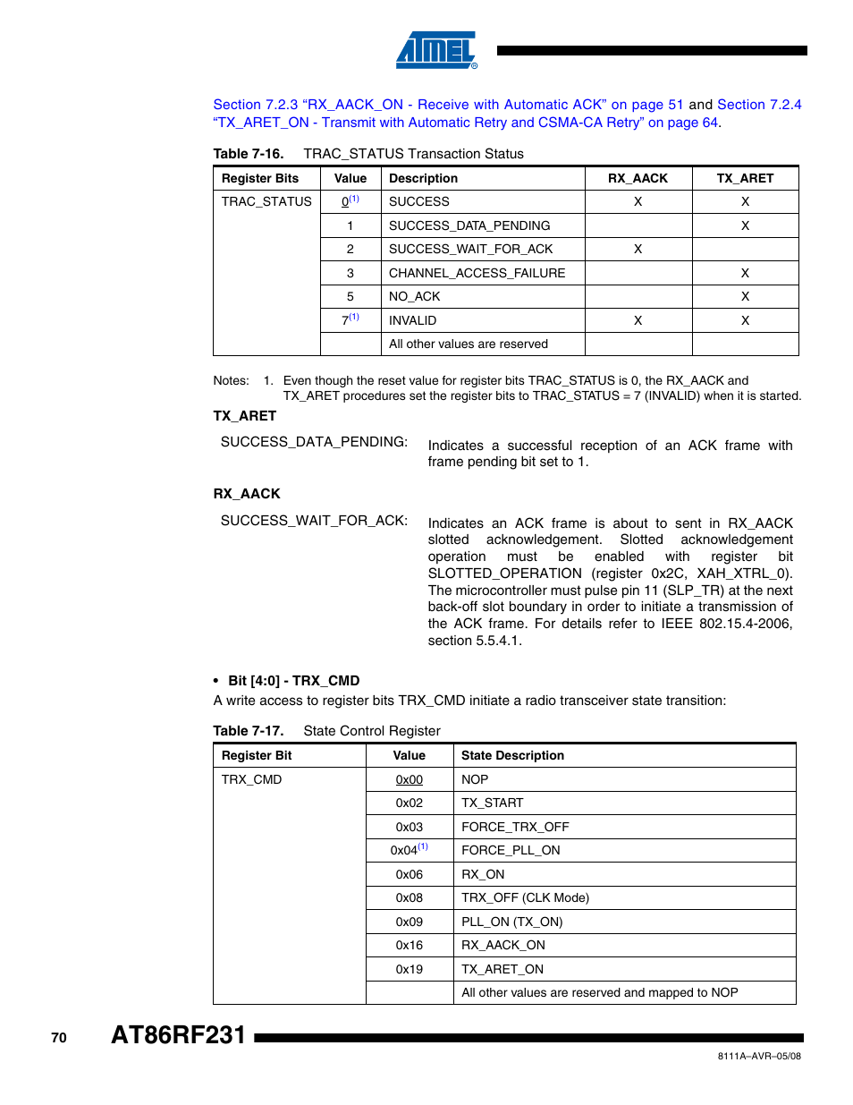 Rainbow Electronics AT86RF231 User Manual | Page 70 / 180