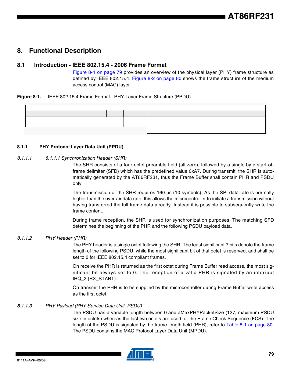 Functional description, 1 introduction - ieee 802.15.4 - 2006 frame format, 1 phy protocol layer data unit (ppdu) | 1 8.1.1.1 synchronization header (shr), 2 phy header (phr), 3 phy payload (phy service data unit, psdu), D in, Section 8.1 “introduction - ieee 802.15.4 | Rainbow Electronics AT86RF231 User Manual | Page 79 / 180