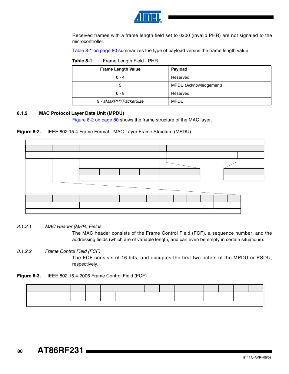 2 mac protocol layer data unit (mpdu), 1 mac header (mhr) fields, 2 frame control field (fcf) | Section, Section 8.1.2.2, Section 8.1.2.2 “frame control | Rainbow Electronics AT86RF231 User Manual | Page 80 / 180