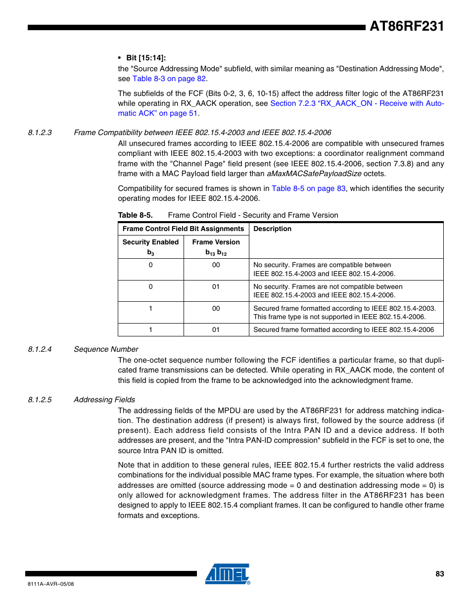 4 sequence number, 5 addressing fields | Rainbow Electronics AT86RF231 User Manual | Page 83 / 180
