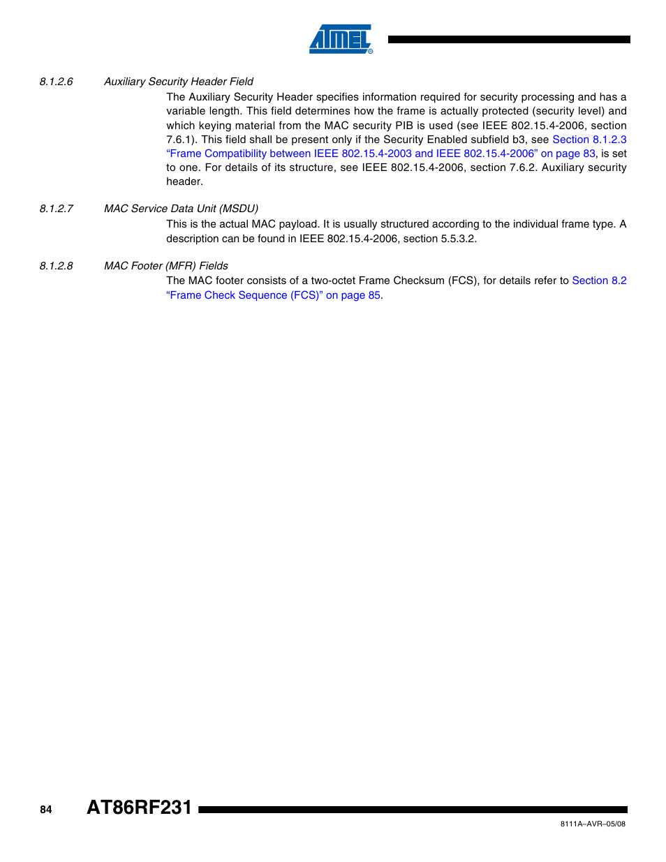 6 auxiliary security header field, 7 mac service data unit (msdu), 8 mac footer (mfr) fields | Rainbow Electronics AT86RF231 User Manual | Page 84 / 180