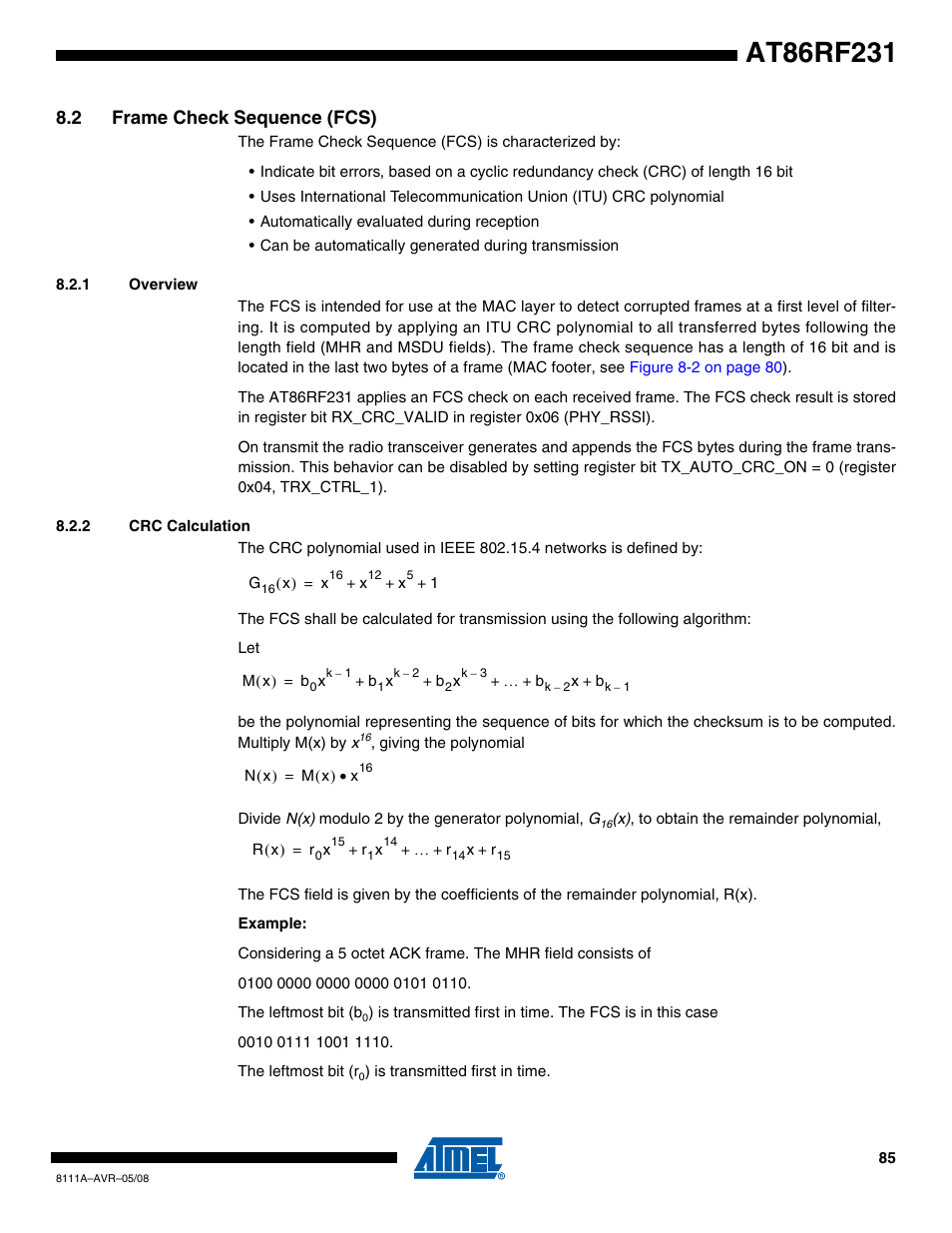 2 frame check sequence (fcs), 1 overview, 2 crc calculation | Section 8.2 “frame check sequence (fcs)” on, Is u, Section 8.2 “frame check, Heck (see, Section 8.2 | Rainbow Electronics AT86RF231 User Manual | Page 85 / 180