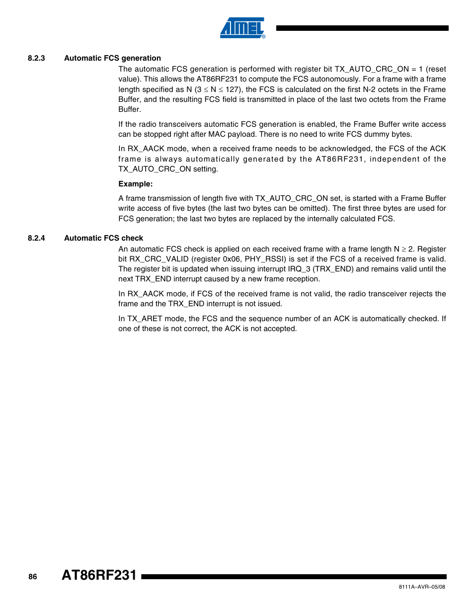 3 automatic fcs generation, 4 automatic fcs check | Rainbow Electronics AT86RF231 User Manual | Page 86 / 180