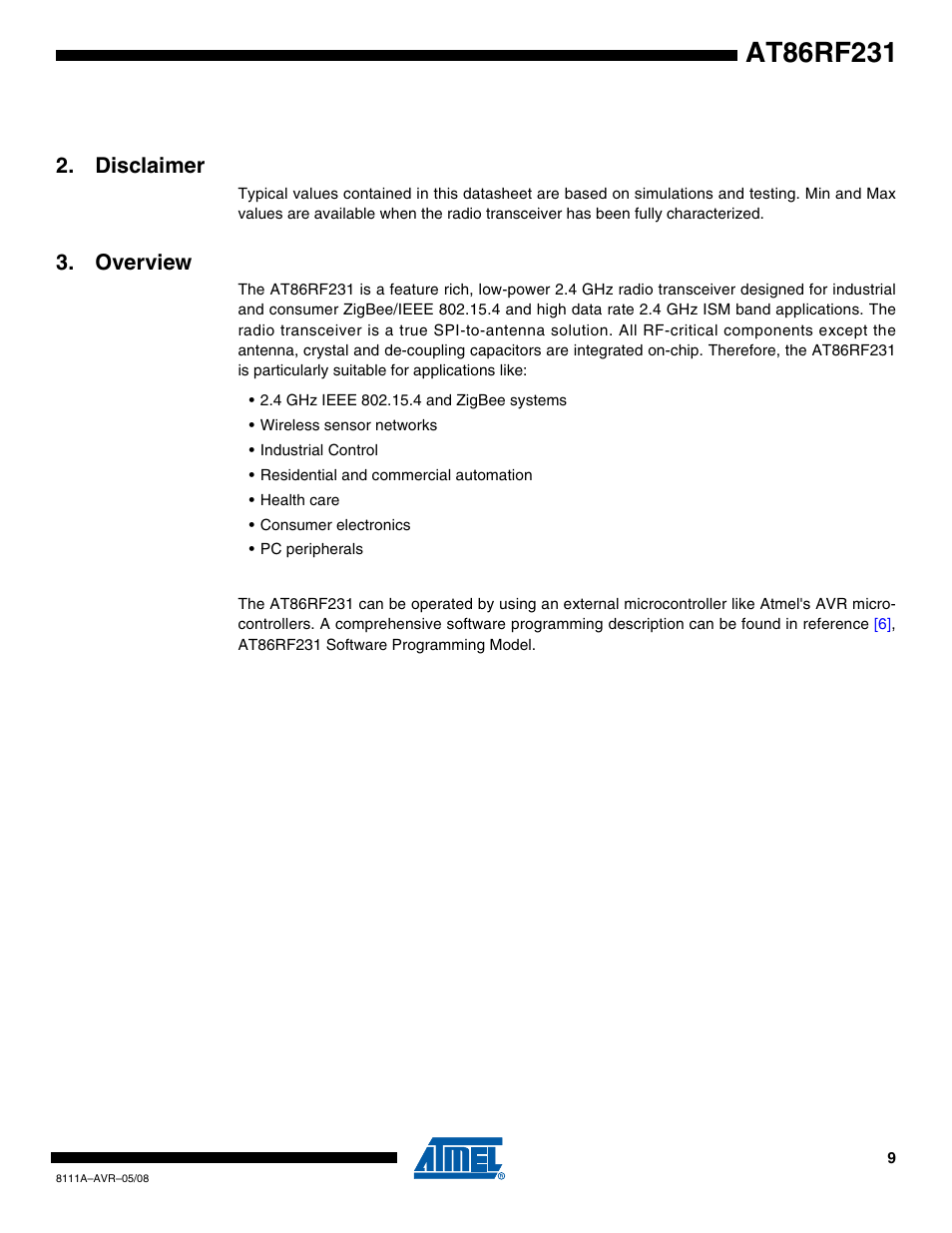 Disclaimer, Overview | Rainbow Electronics AT86RF231 User Manual | Page 9 / 180