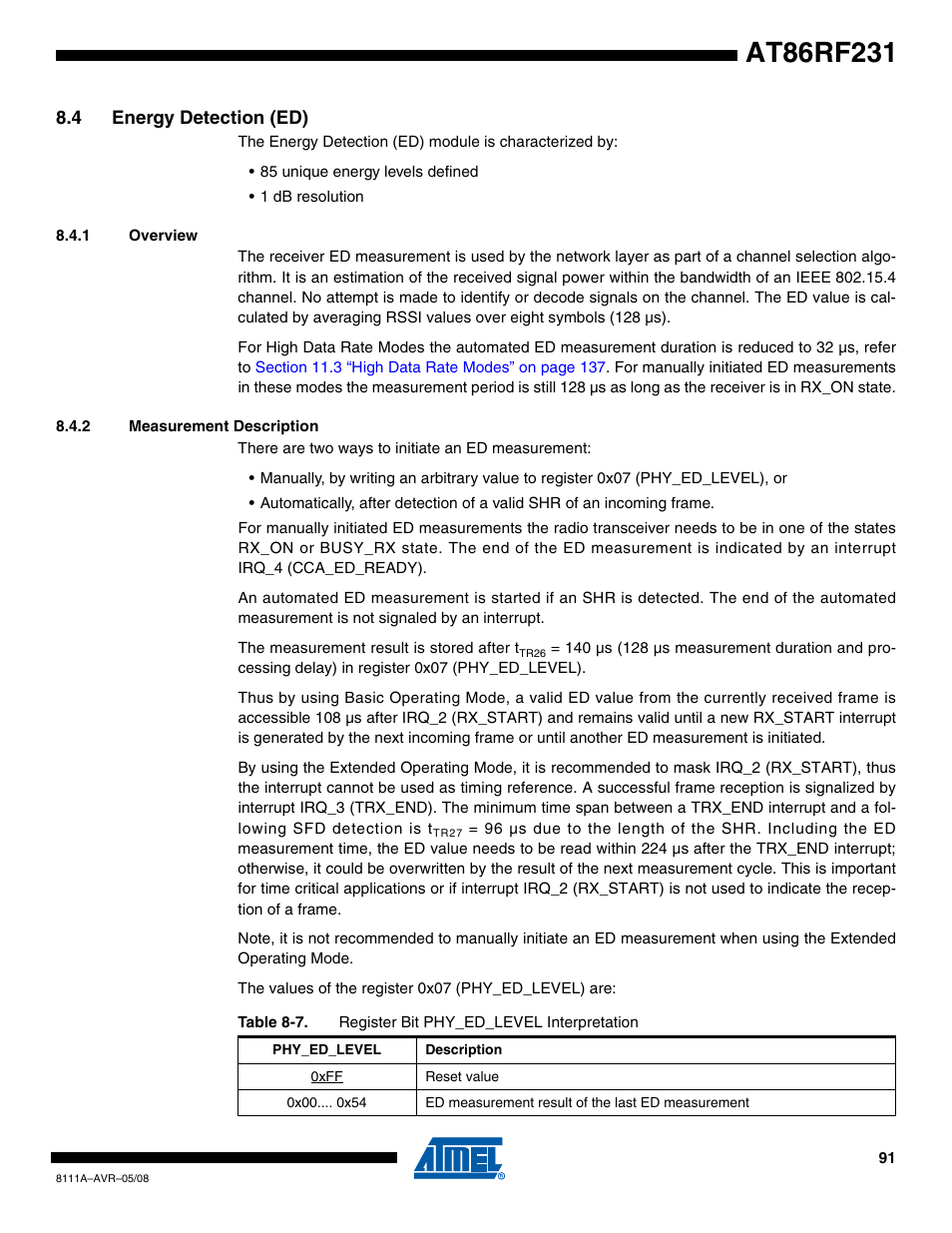 4 energy detection (ed), 1 overview, 2 measurement description | Section 8.4.2, Section 8.4, Section 8.4 “energy detec | Rainbow Electronics AT86RF231 User Manual | Page 91 / 180