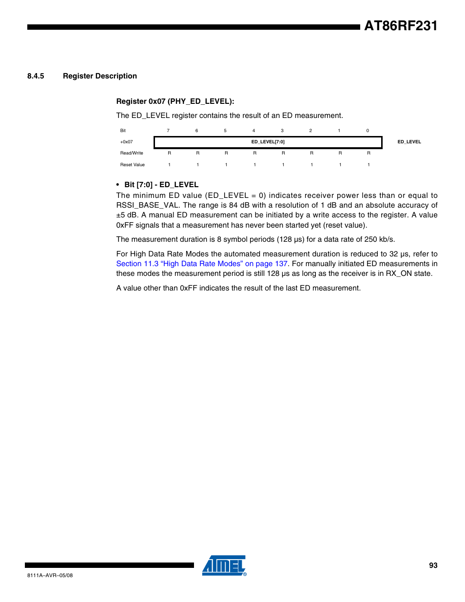 5 register description | Rainbow Electronics AT86RF231 User Manual | Page 93 / 180