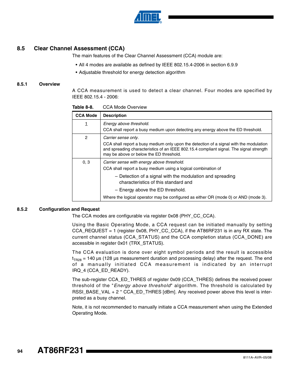 5 clear channel assessment (cca), 1 overview, 2 configuration and request | Section 8.5.2, Section 8.5 | Rainbow Electronics AT86RF231 User Manual | Page 94 / 180