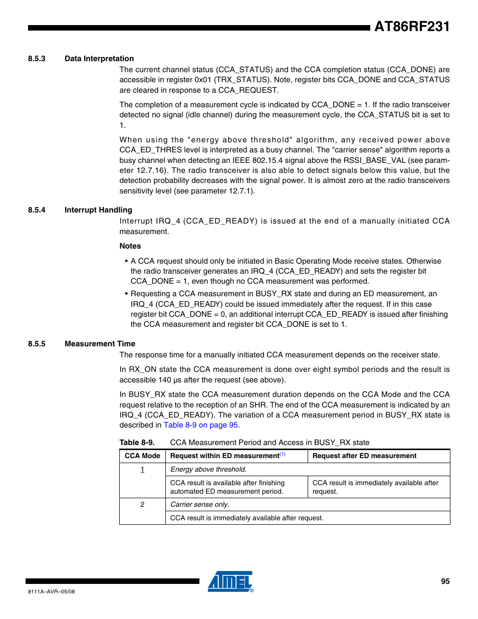 3 data interpretation, 4 interrupt handling, 5 measurement time | Section 8.5.4 | Rainbow Electronics AT86RF231 User Manual | Page 95 / 180