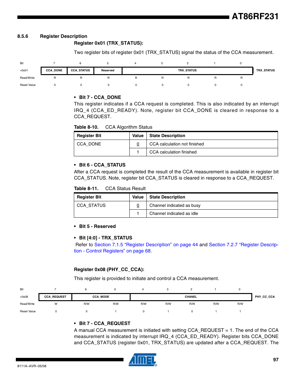 6 register description, Section 8.5.6, Table 8-10. cca algorithm status | Table 8-11. cca status result | Rainbow Electronics AT86RF231 User Manual | Page 97 / 180