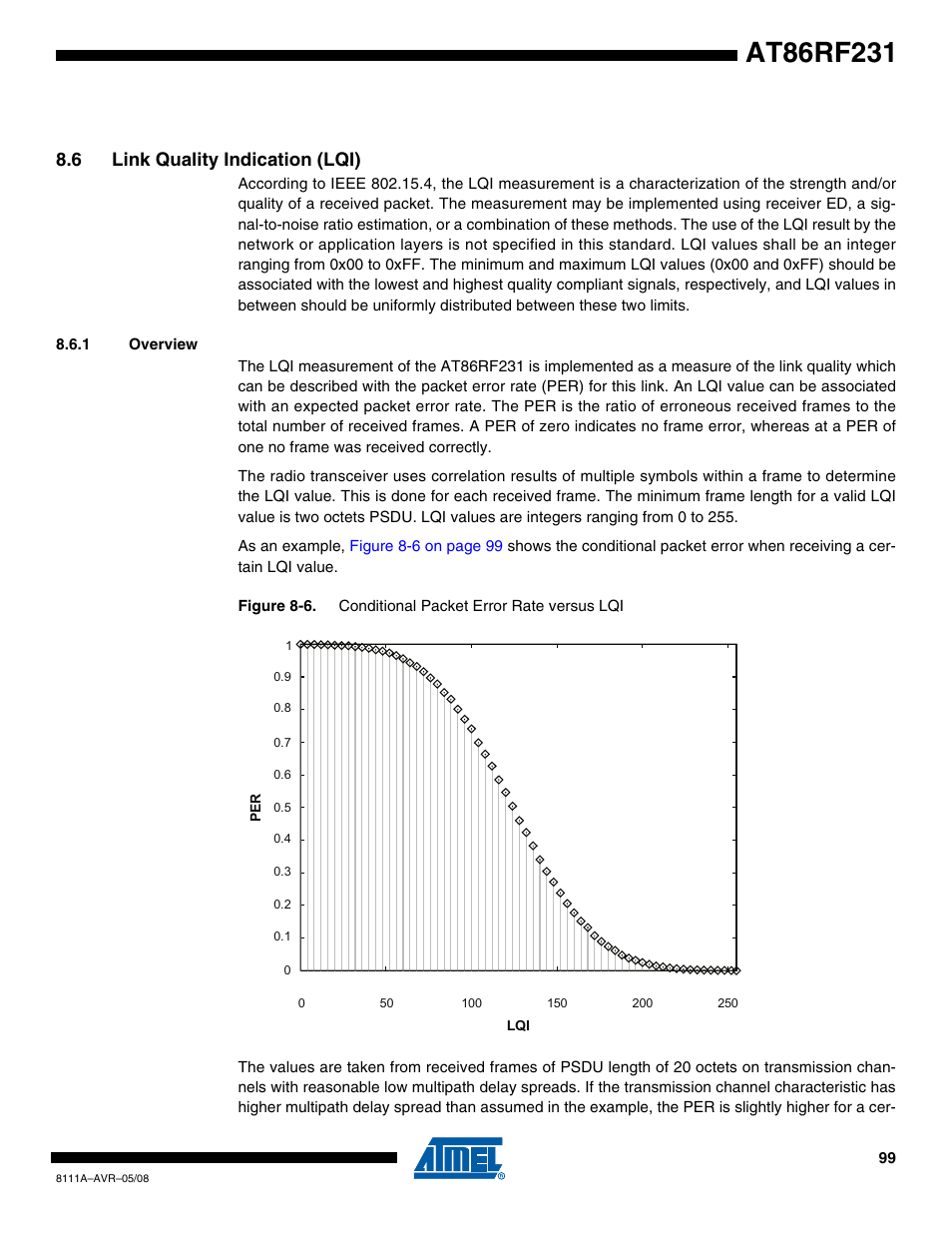 6 link quality indication (lqi), 1 overview, Section 8.6 “link quality | Rainbow Electronics AT86RF231 User Manual | Page 99 / 180