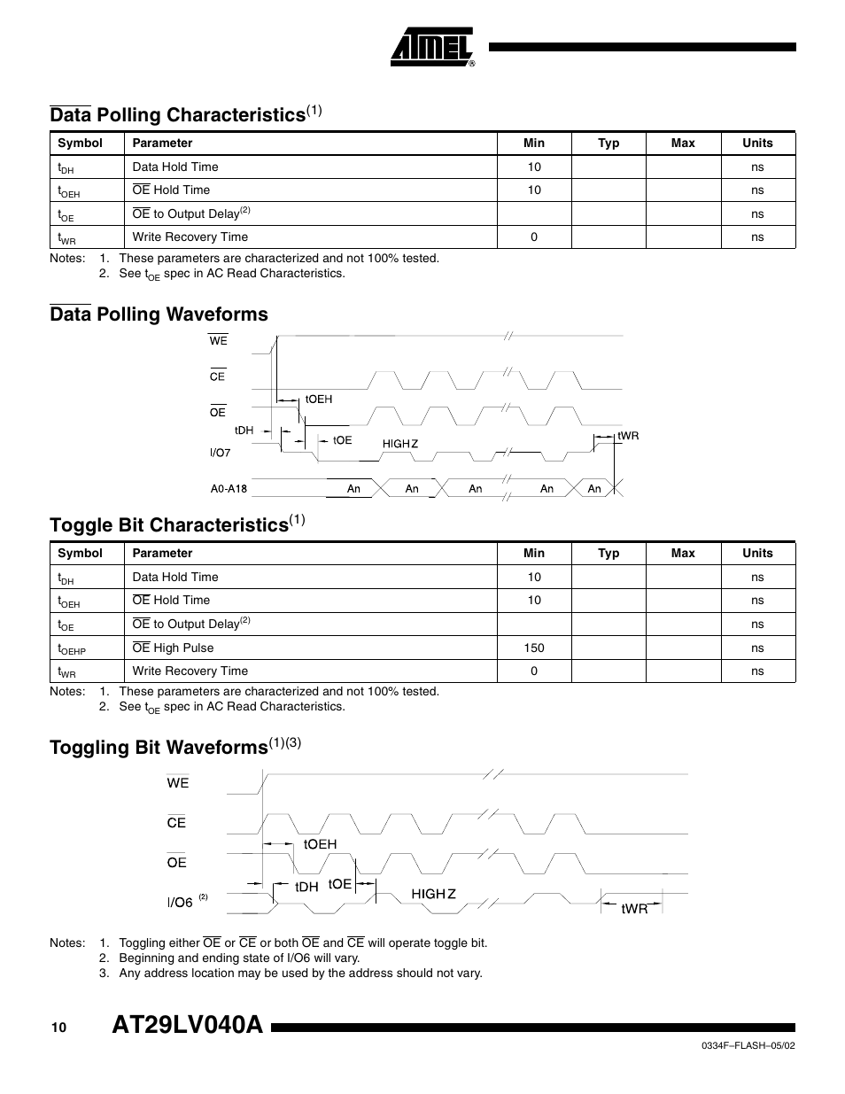 Data polling characteristics(1), Data polling waveforms, Toggle bit characteristics(1) | Toggling bit waveforms(1)(3), Toggling bit waveforms, Data polling characteristics, Toggle bit characteristi cs | Rainbow Electronics AT29LV040A User Manual | Page 10 / 15