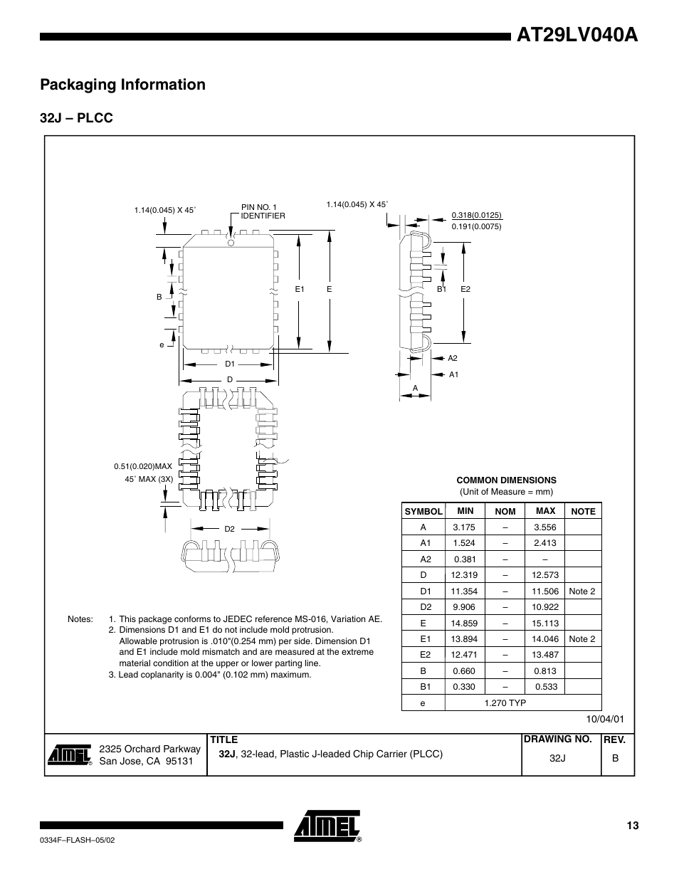 Packaging information, 32j – plcc | Rainbow Electronics AT29LV040A User Manual | Page 13 / 15