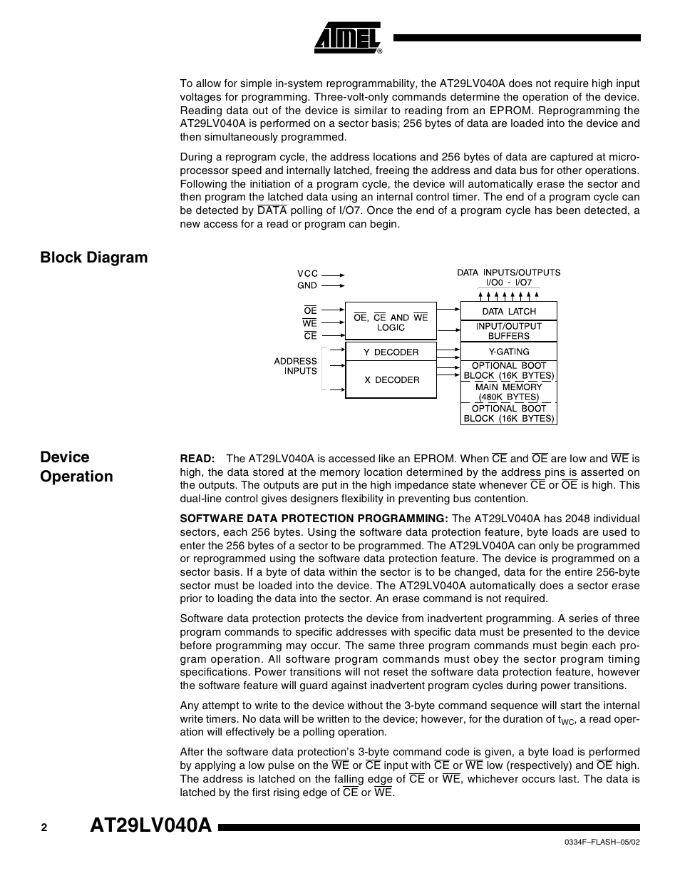 Block diagram, Device operation, Block diagram device operation | Rainbow Electronics AT29LV040A User Manual | Page 2 / 15