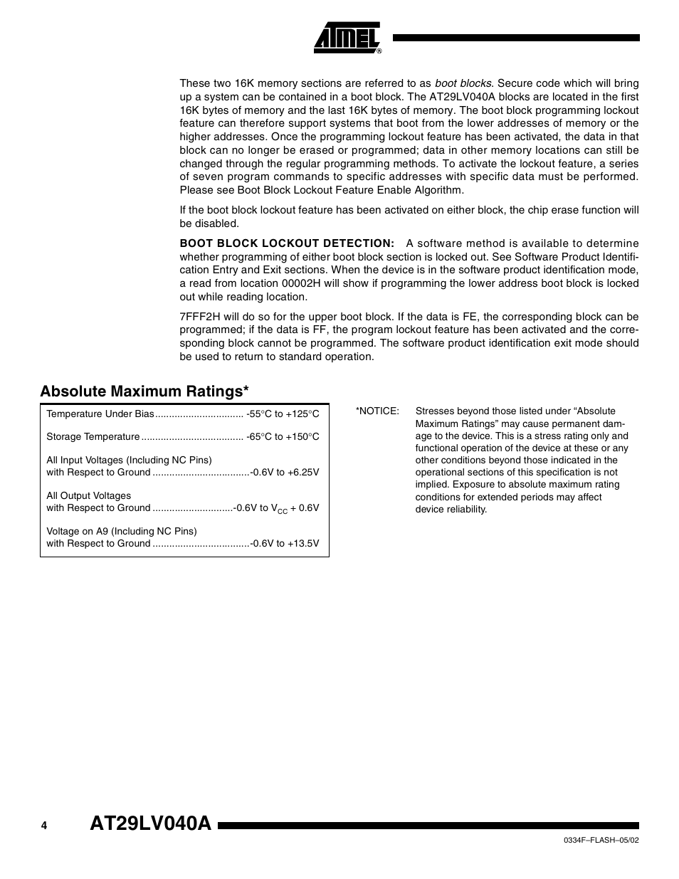 Absolute maximum ratings | Rainbow Electronics AT29LV040A User Manual | Page 4 / 15