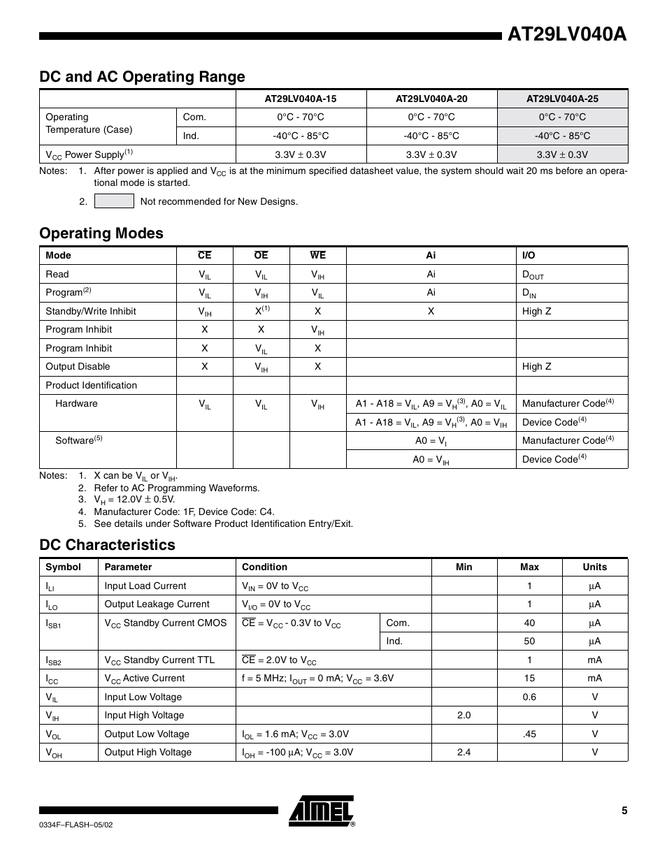 Dc and ac operating range, Operating modes, Dc characteristics | Rainbow Electronics AT29LV040A User Manual | Page 5 / 15