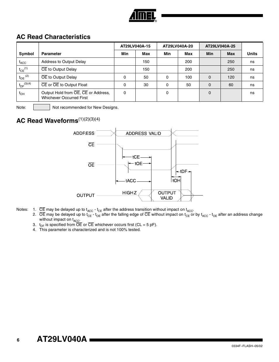 Ac read characteristics, Ac read waveforms(1)(2)(3)(4), Ac read waveforms | Rainbow Electronics AT29LV040A User Manual | Page 6 / 15