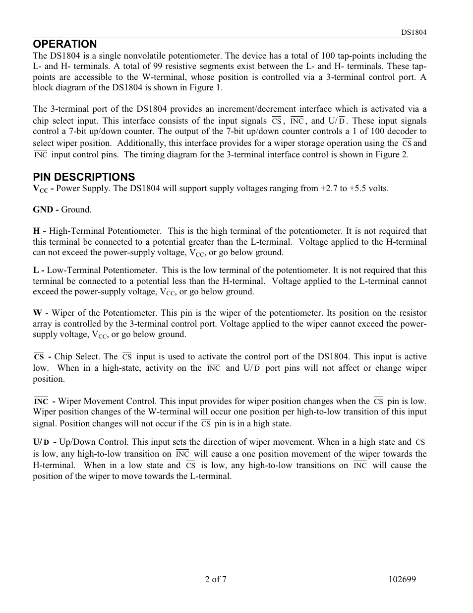 Operation, Pin descriptions | Rainbow Electronics DS1804 User Manual | Page 2 / 7