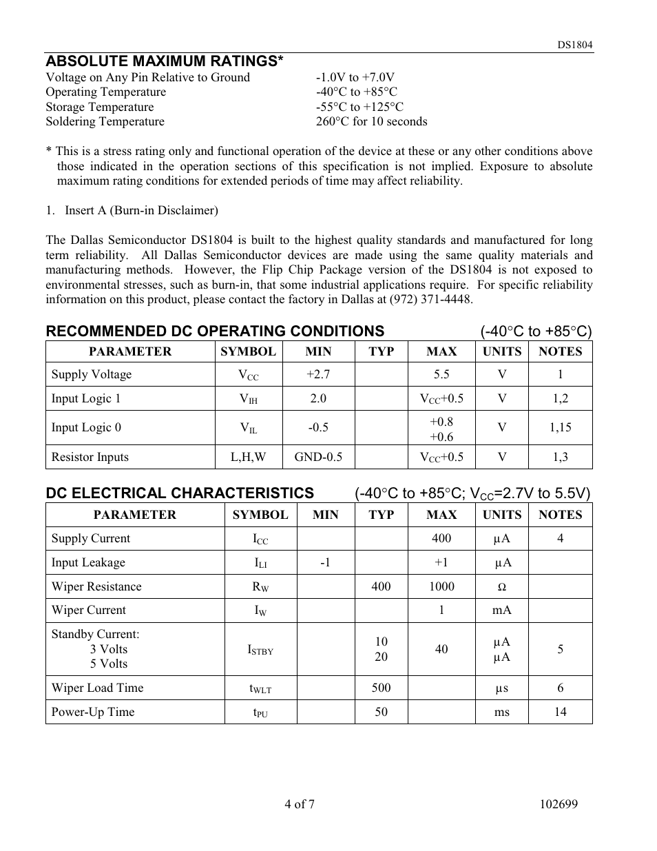 Absolute maximum ratings, Dc electrical characteristics (-40 °c to +85°c; v, 7v to 5.5v) | Rainbow Electronics DS1804 User Manual | Page 4 / 7