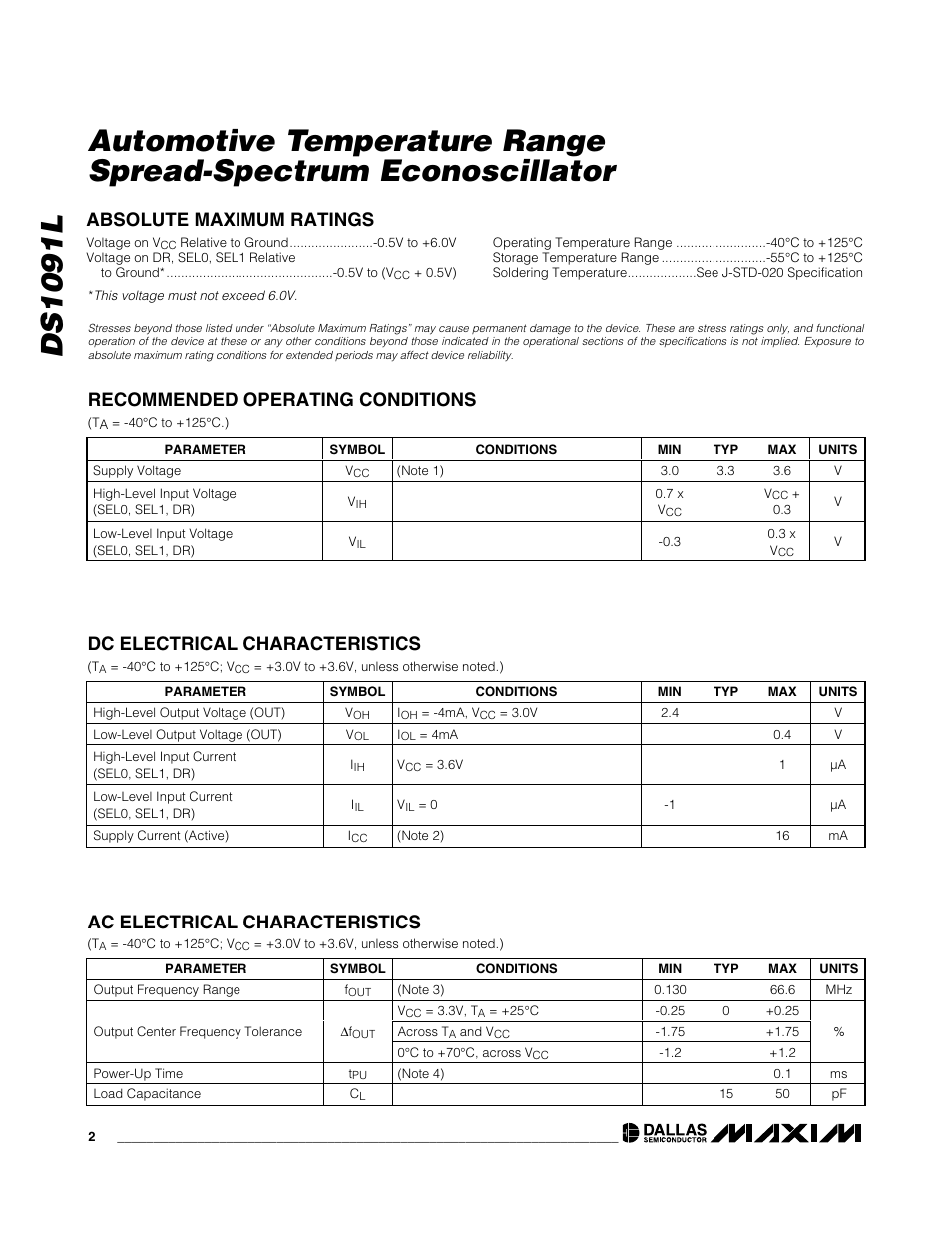 Dc electrical characteristics, Ac electrical characteristics | Rainbow Electronics DS1091L User Manual | Page 2 / 6