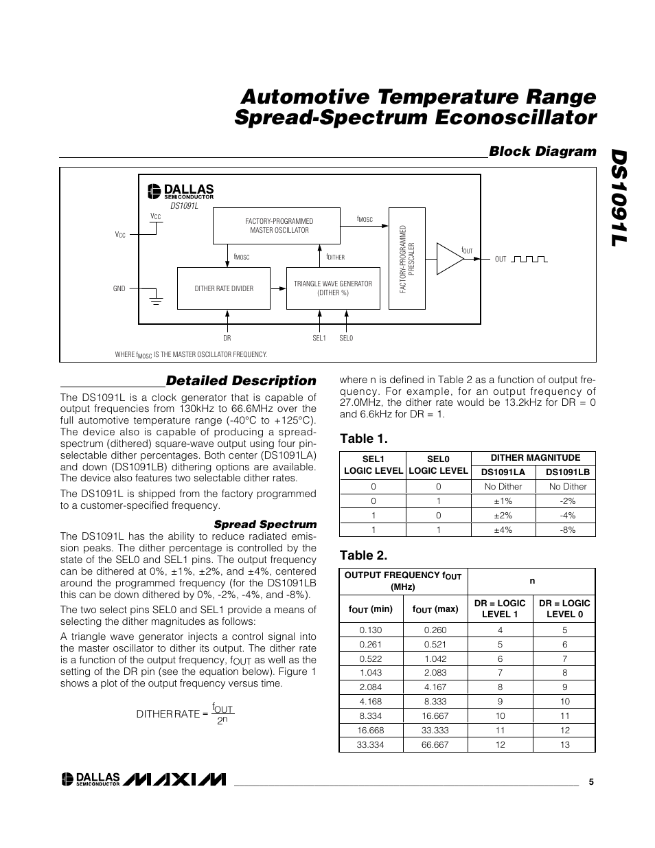 Detailed description, Block diagram, Table 1 | Table 2 | Rainbow Electronics DS1091L User Manual | Page 5 / 6