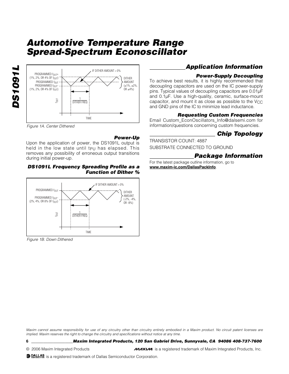 Application information, Chip topology, Package information | Power-up, Power-supply decoupling, Requesting custom frequencies | Rainbow Electronics DS1091L User Manual | Page 6 / 6