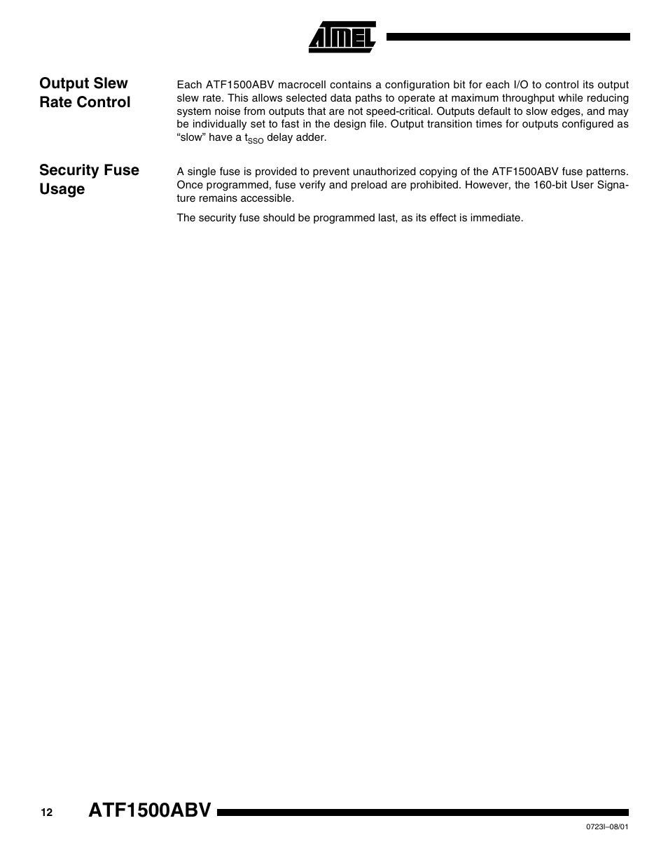 Output slew rate control, Security fuse usage, Atf1500abv | Rainbow Electronics ATF1500ABV User Manual | Page 12 / 15