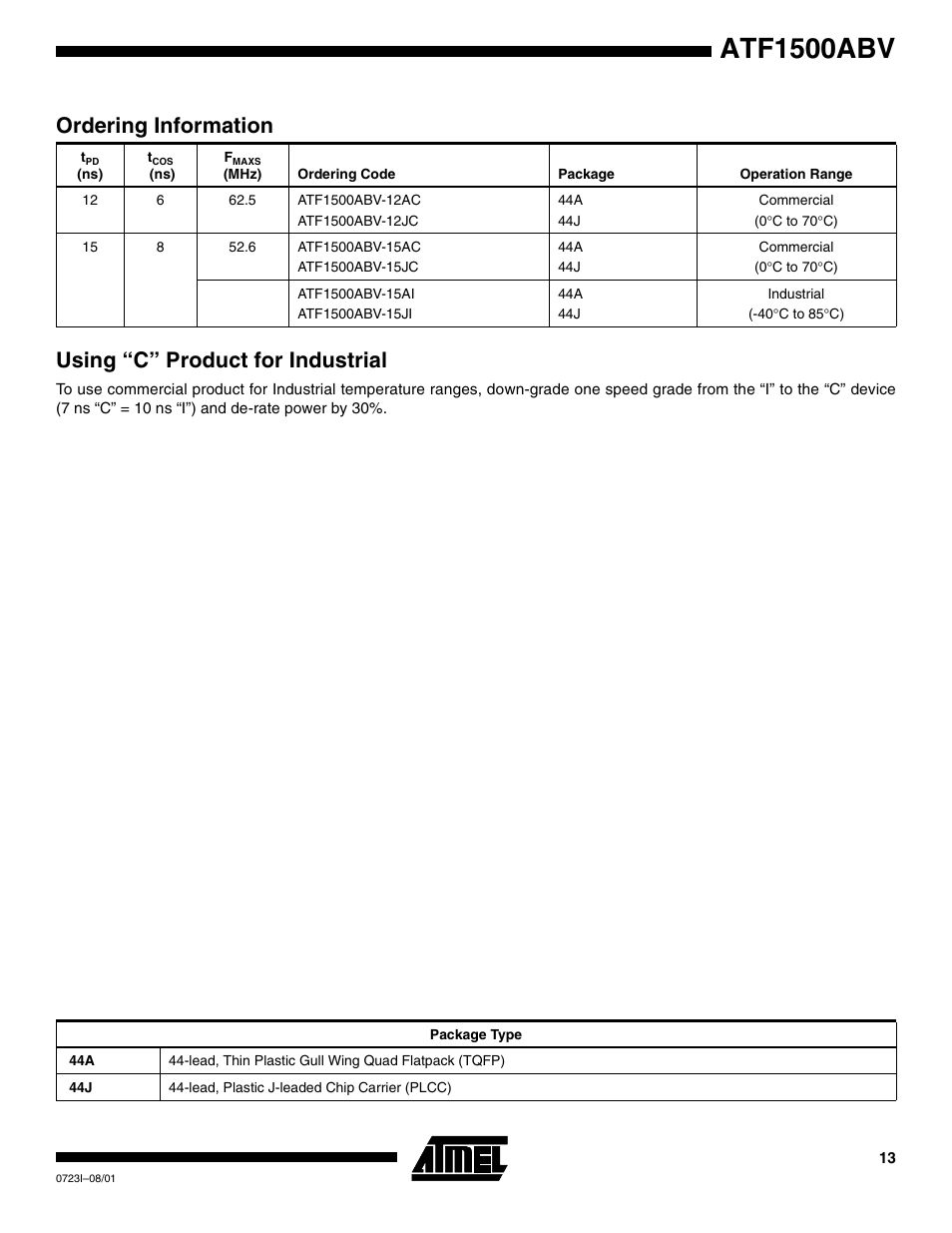 Ordering information, Using “c” product for industrial, Atf1500abv | Rainbow Electronics ATF1500ABV User Manual | Page 13 / 15