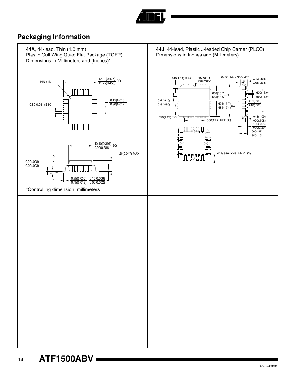 Atf1500abv, Packaging information, Controlling dimension: millimeters | Rainbow Electronics ATF1500ABV User Manual | Page 14 / 15