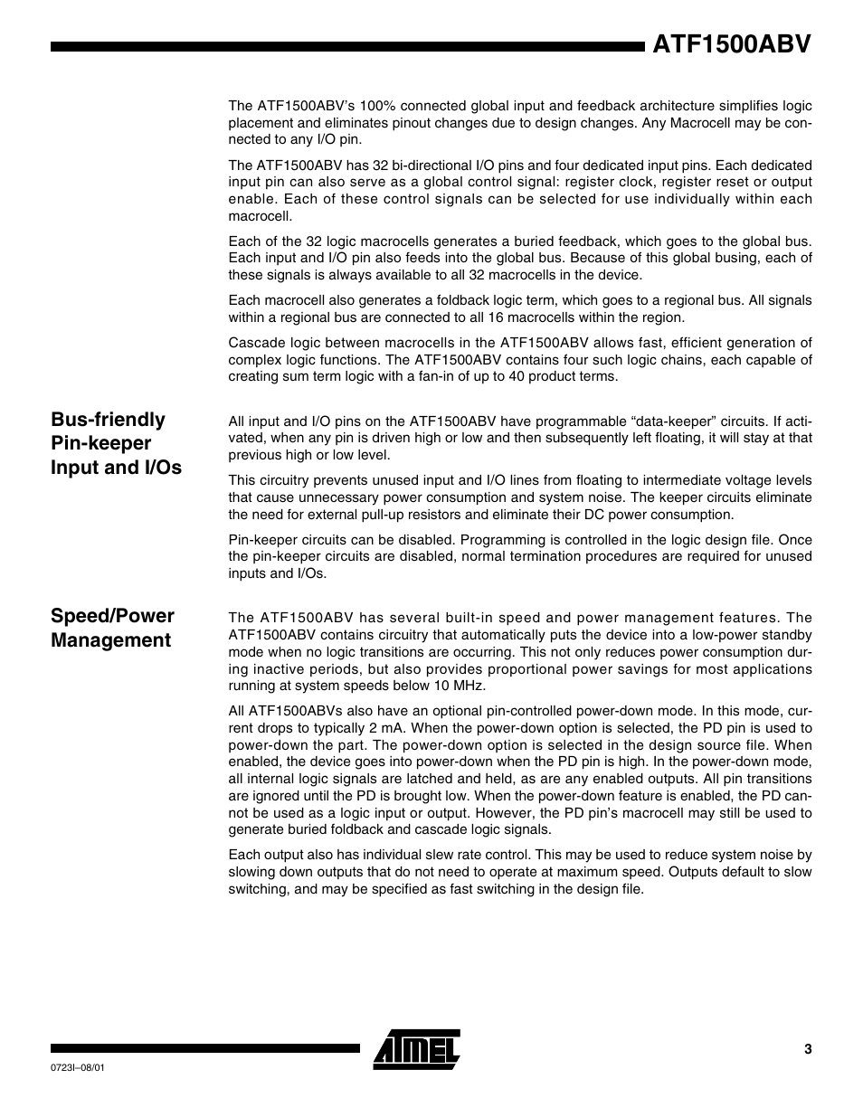 Bus-friendly pin-keeper input and i/os, Speed/power management, Atf1500abv | Rainbow Electronics ATF1500ABV User Manual | Page 3 / 15