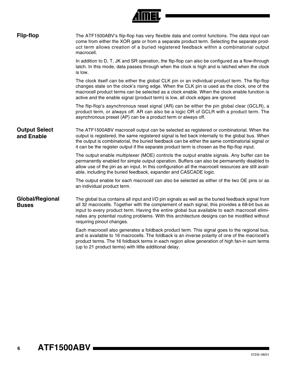 Flip-flop, Output select and enable, Global/regional buses | Atf1500abv | Rainbow Electronics ATF1500ABV User Manual | Page 6 / 15