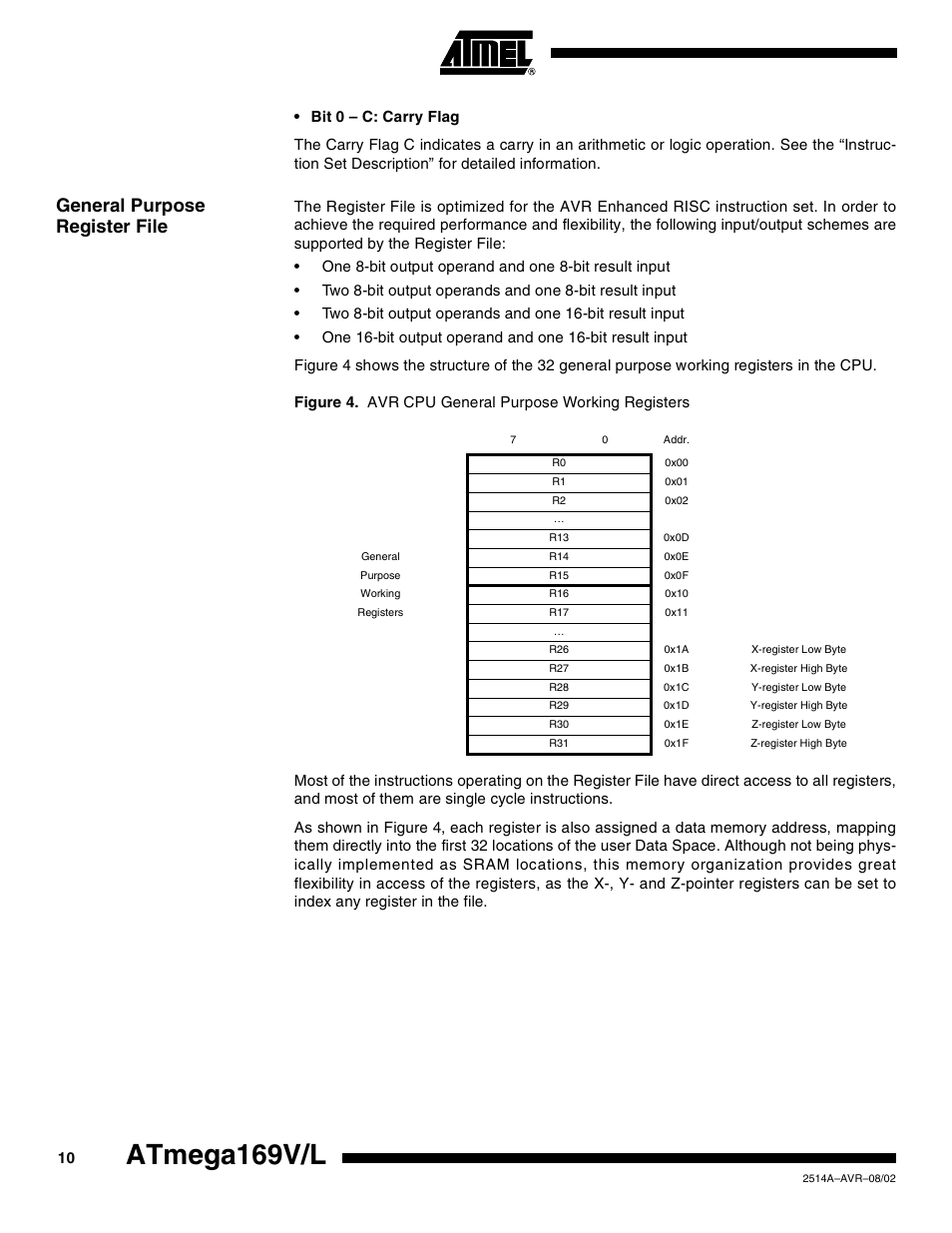 General purpose register file, Atmega169v/l | Rainbow Electronics Atmega169L User Manual | Page 10 / 317