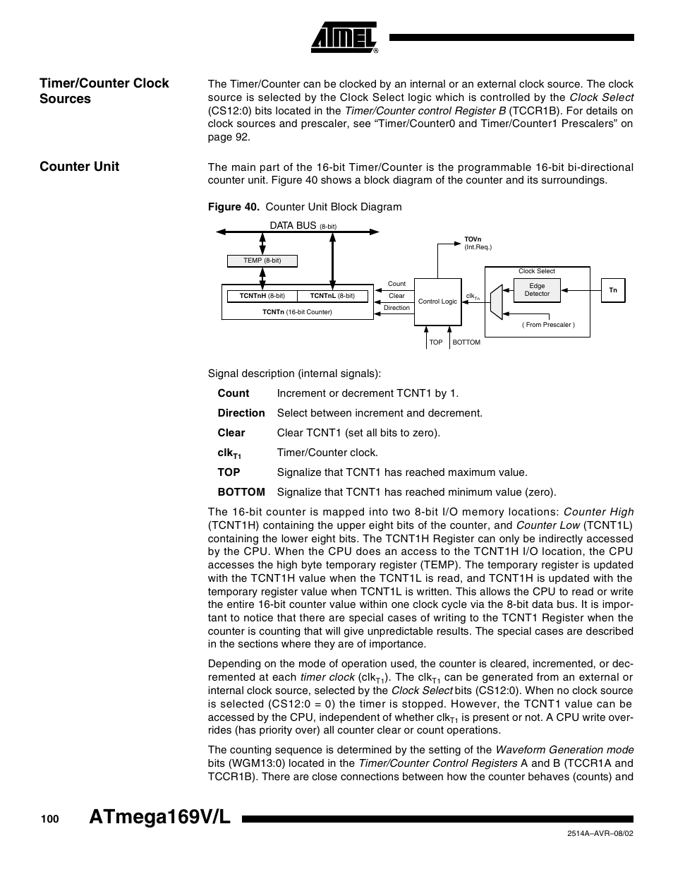 Timer/counter clock sources, Counter unit, Atmega169v/l | Rainbow Electronics Atmega169L User Manual | Page 100 / 317